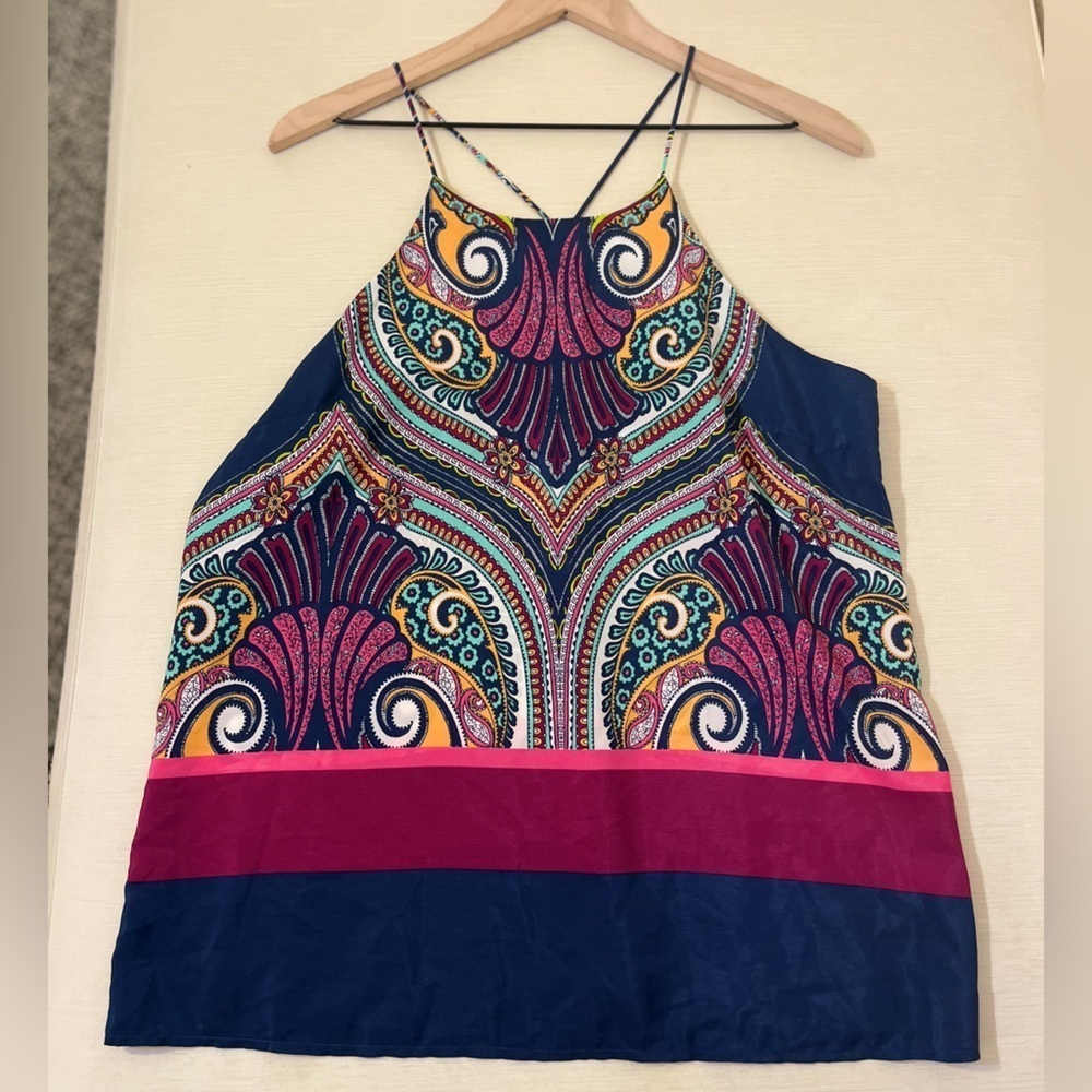 Renee C. Navy Paisley Scarf Print Cami Top Boho Chic Eclectic Maximalist Resort